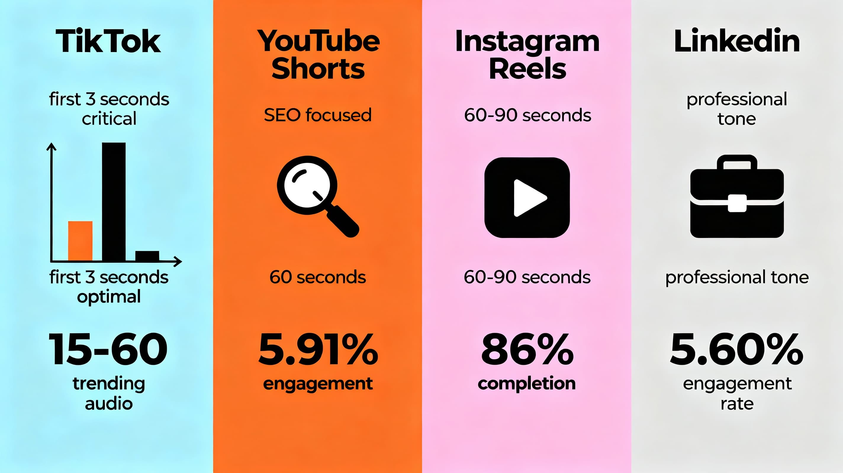 Platform-specific video optimization guide for TikTok, YouTube Shorts, Instagram Reels, and LinkedIn