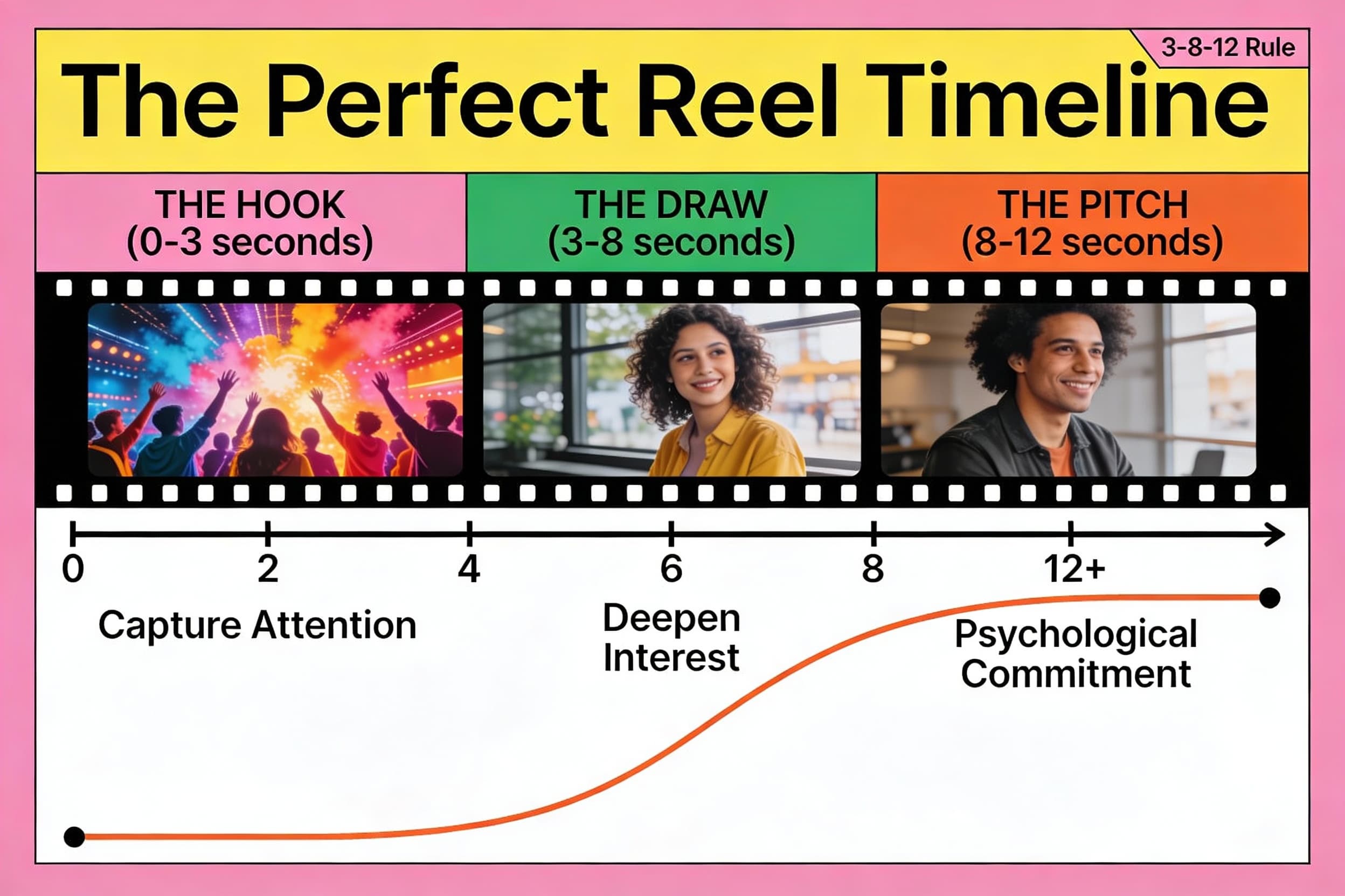 The 3-8-12 Rule showing three stages of viewer engagement