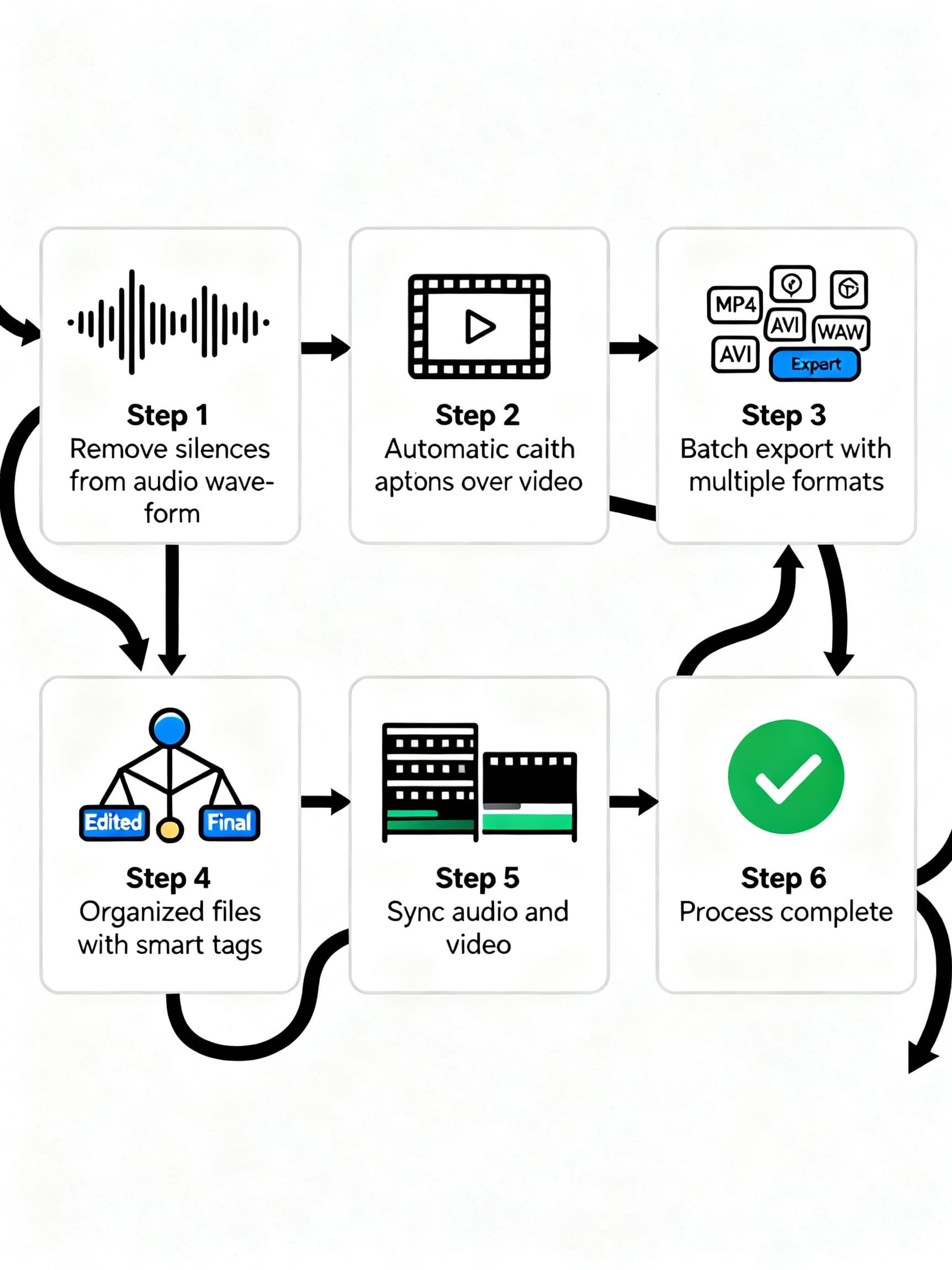 Six key automation tasks that save time - remove silences, auto-captions, batch export, organization, audio sync, and quality control