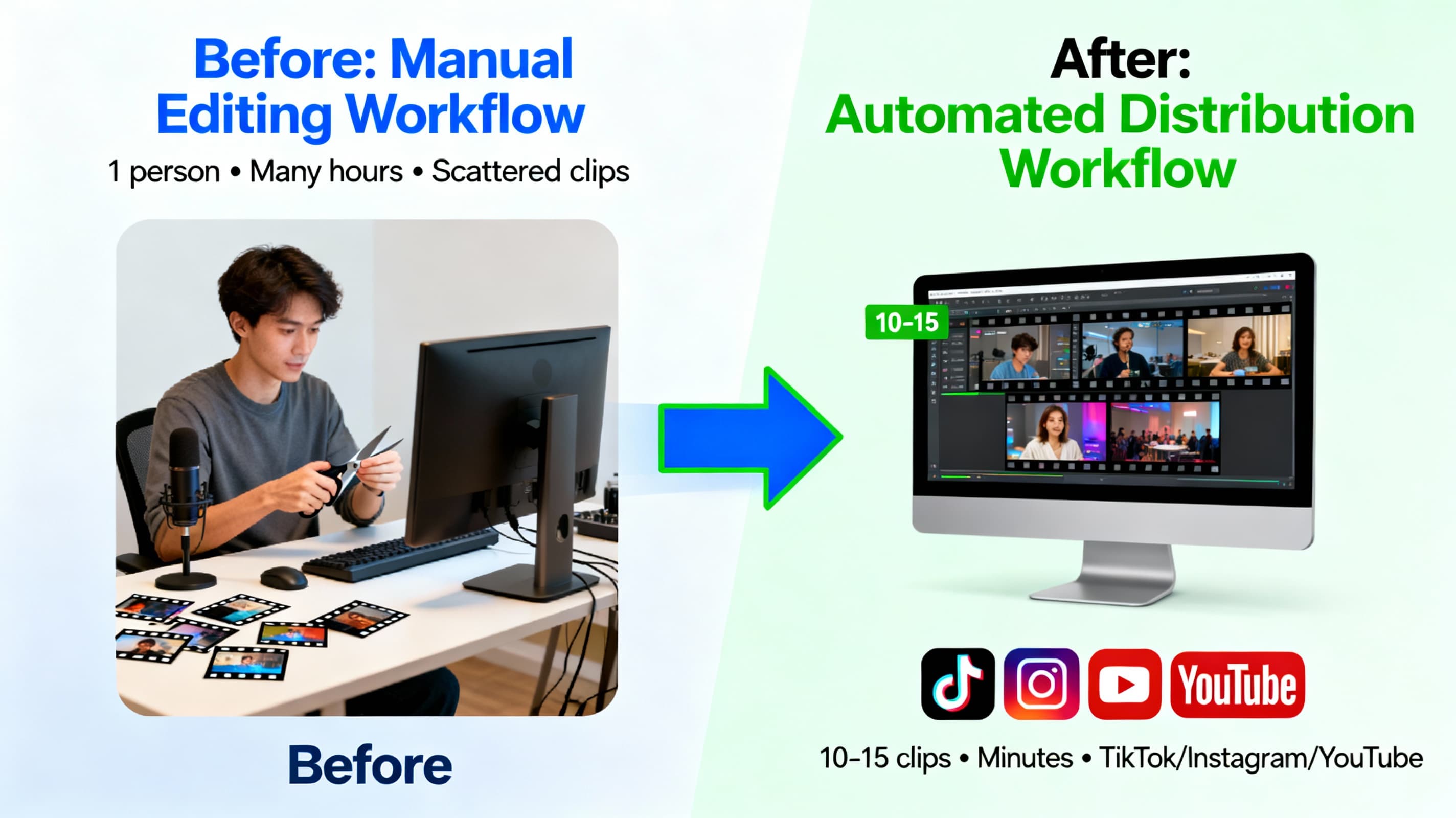 Podcast-to-shorts transformation - one source becomes 15 viral clips